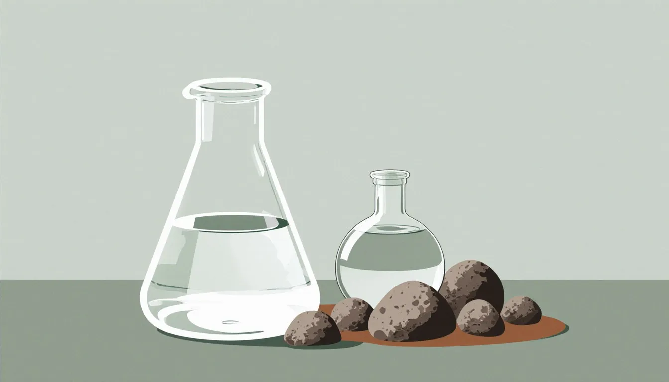 A laboratory flask of distilled water beside a glass bottle of spring water resting against natural rock