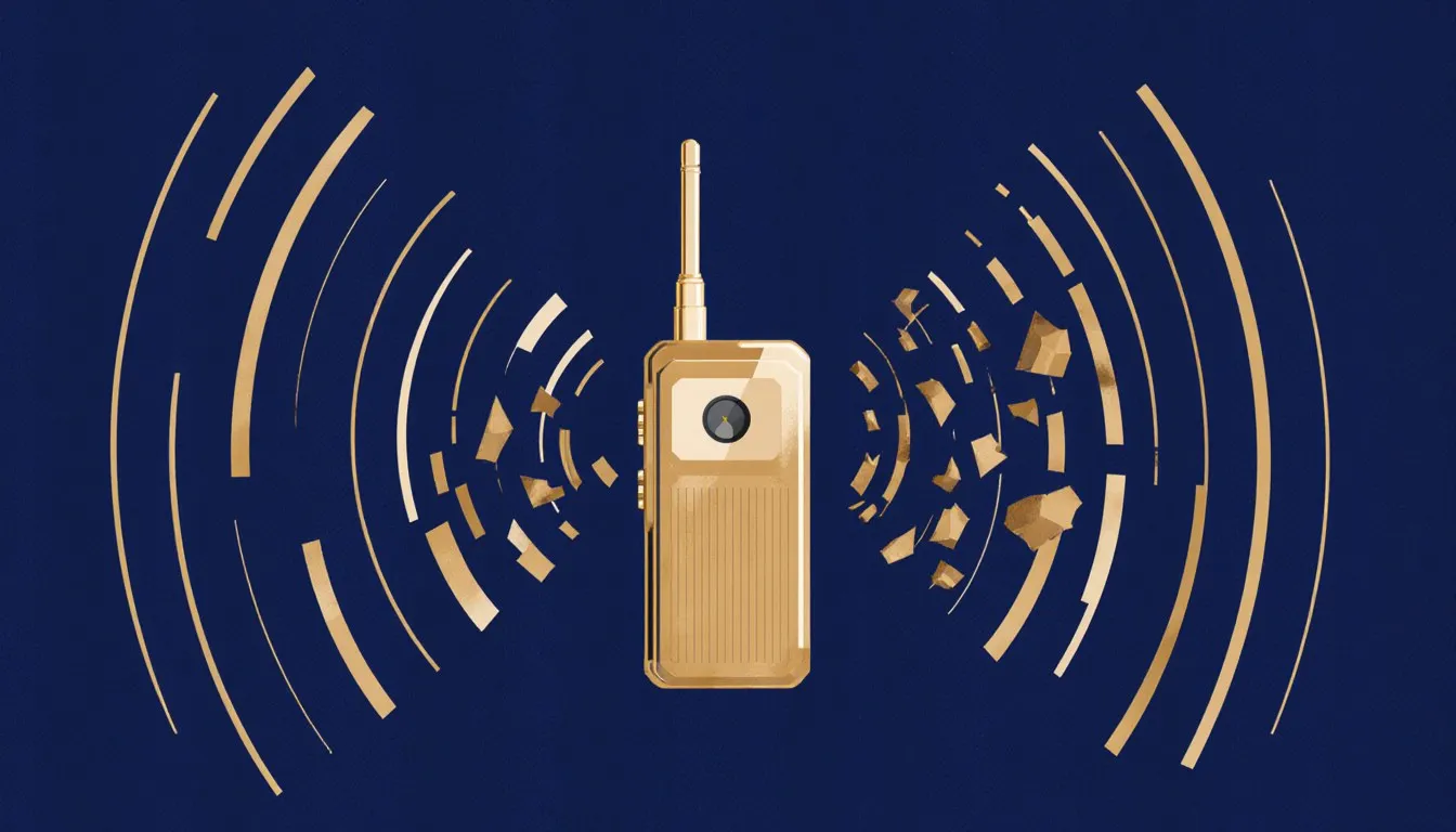 A handheld radar jammer device scattering broken radio-wave arcs, illustrating how signal jamming disrupts radar detection.