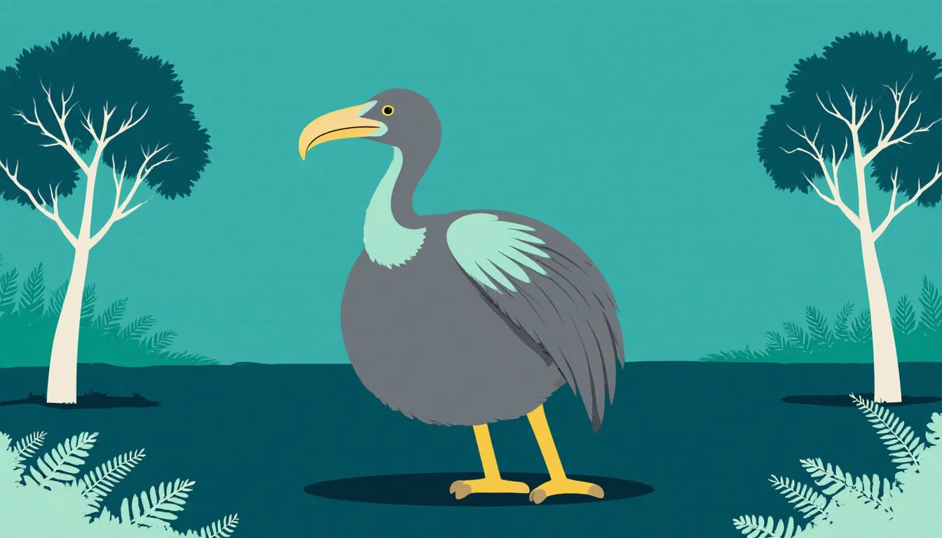 Illustration of a plump dodo bird with a hooked beak and stubby wings standing in a forest clearing