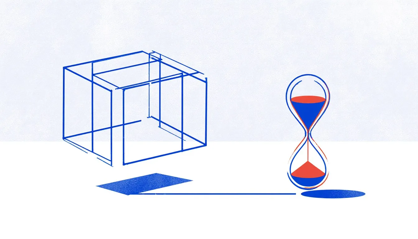 A wireframe cube representing three dimensions of space, with an hourglass extending from one corner standing in for time