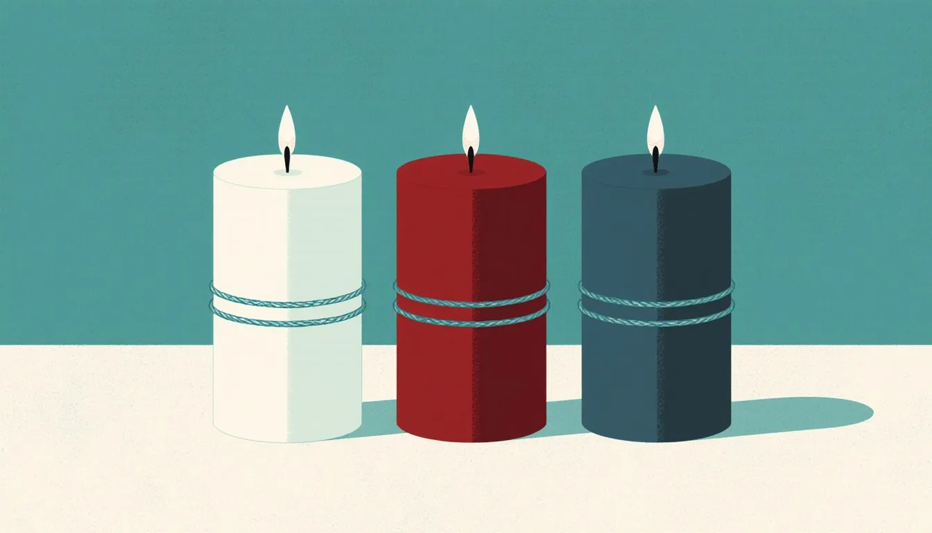 Three lit candles in different colors marked with guide rings to compare their burn rates