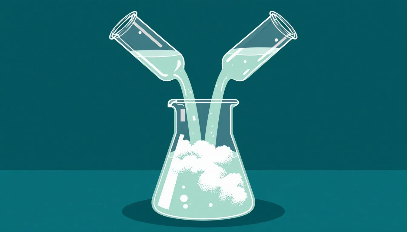 Two test tubes pouring clear liquids into a beaker, forming a cloudy precipitate from a double displacement reaction