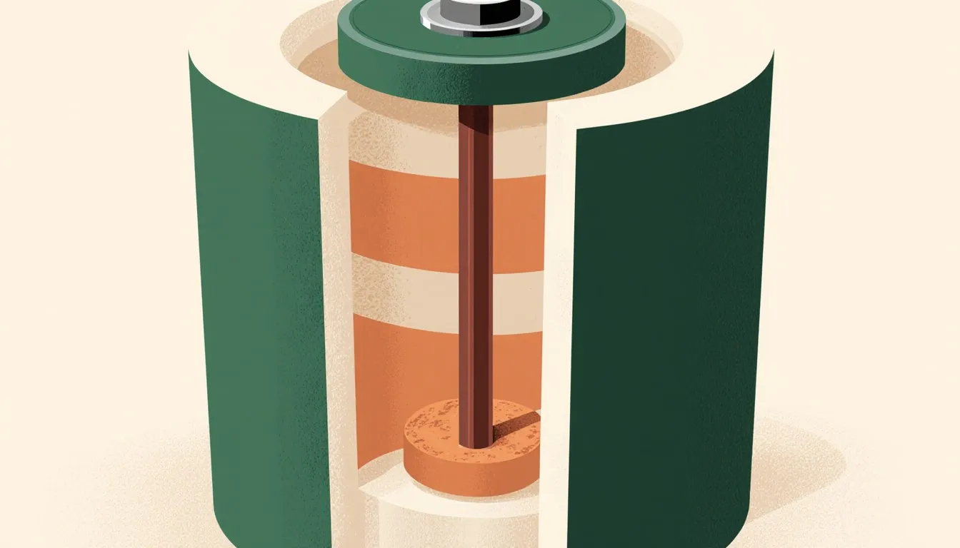 Cutaway illustration of a dry cell battery showing its zinc casing, carbon rod, and internal paste layers