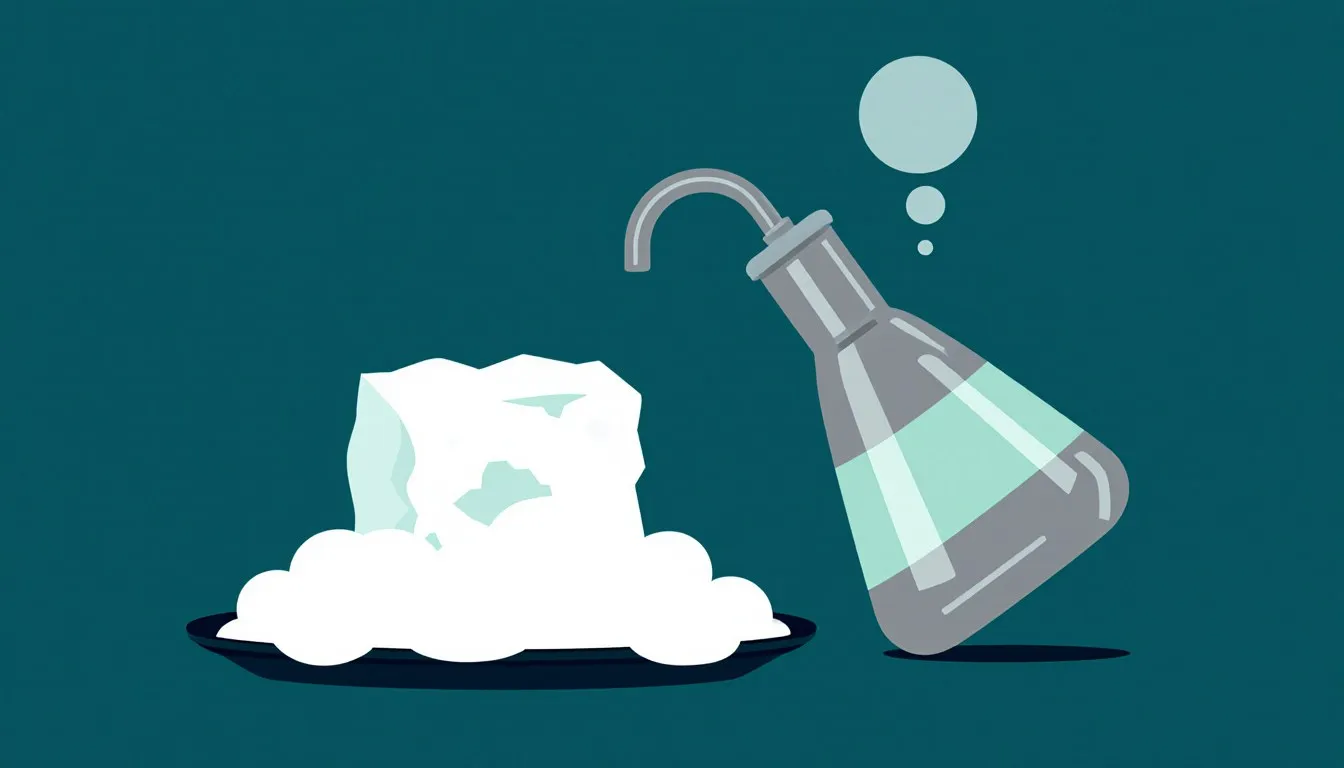 Illustration of a block of dry ice with fog beside a flask pouring liquid nitrogen with rising vapor