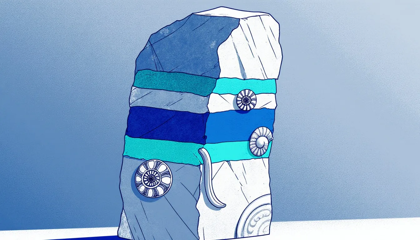 Cross-section of layered rock strata with three coiled shell fossils and a curved tusk embedded at different levels