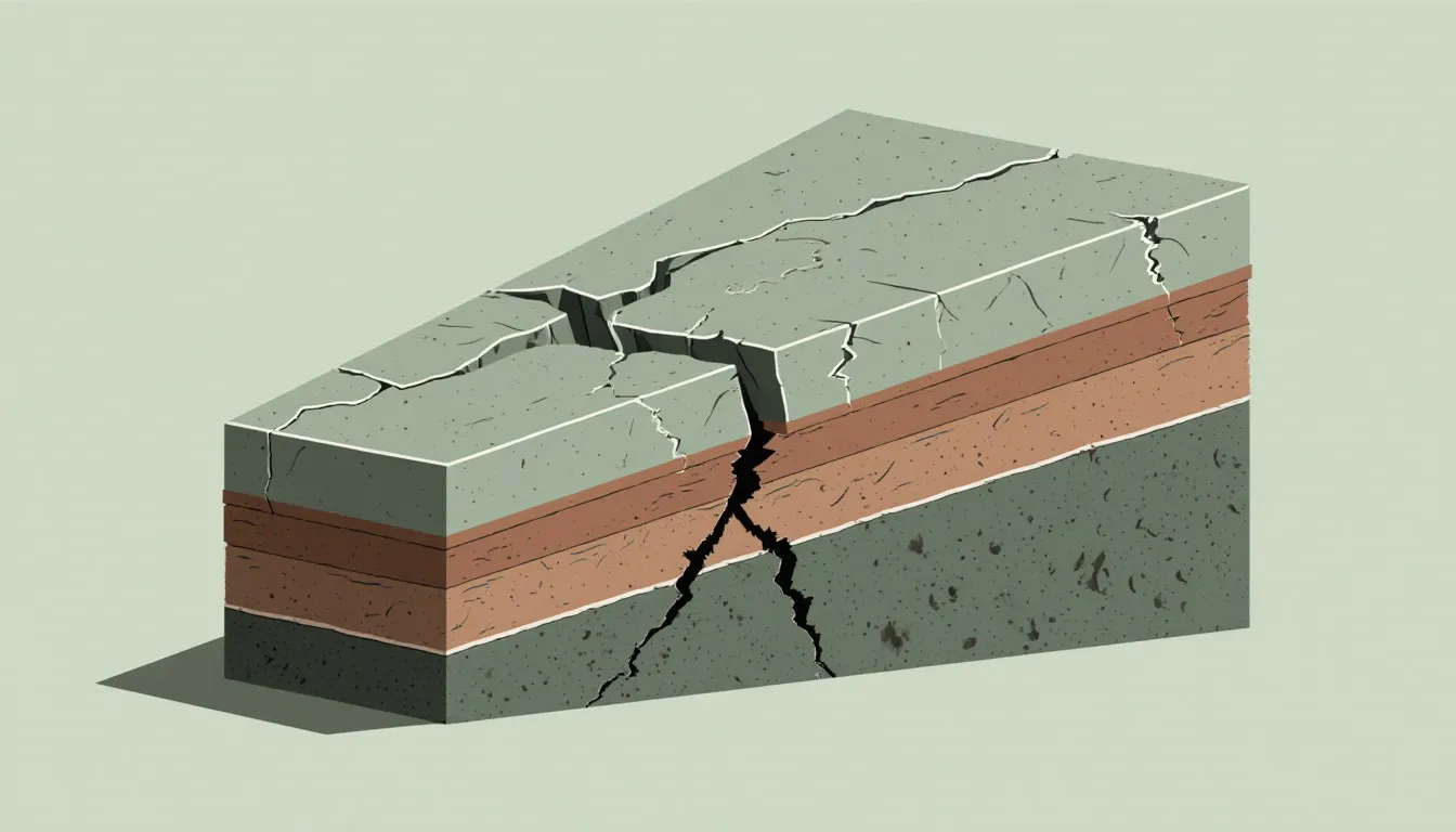 Illustrated cross-section of the Earth's crust broken into jagged tectonic plate segments