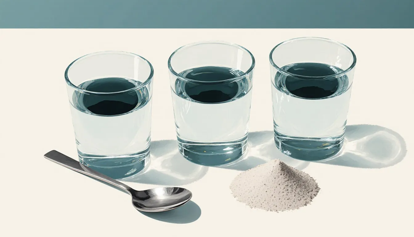Three cups of water topped with oil beside a spoon and sand, illustrating a science fair oil-spill cleanup experiment