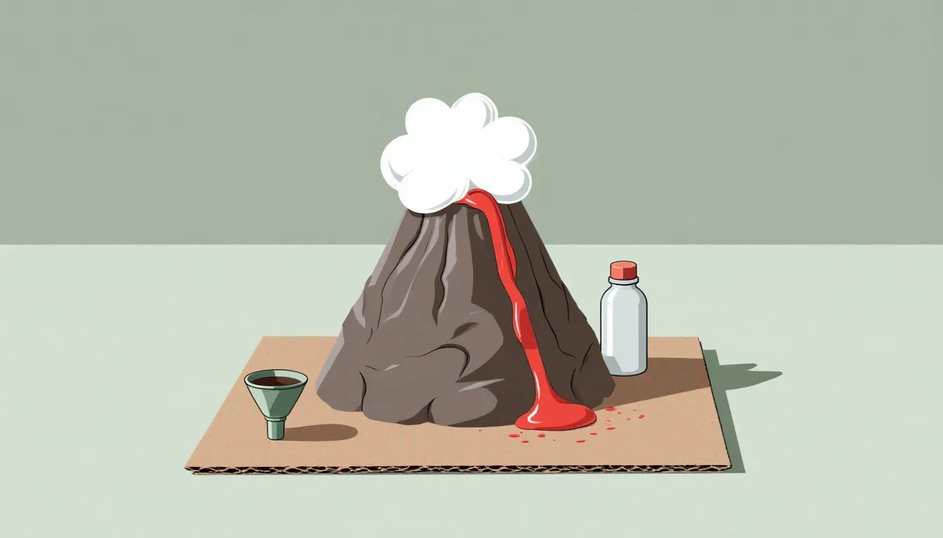 Illustration of a model volcano dripping red lava on a cardboard base beside a bottle and funnel