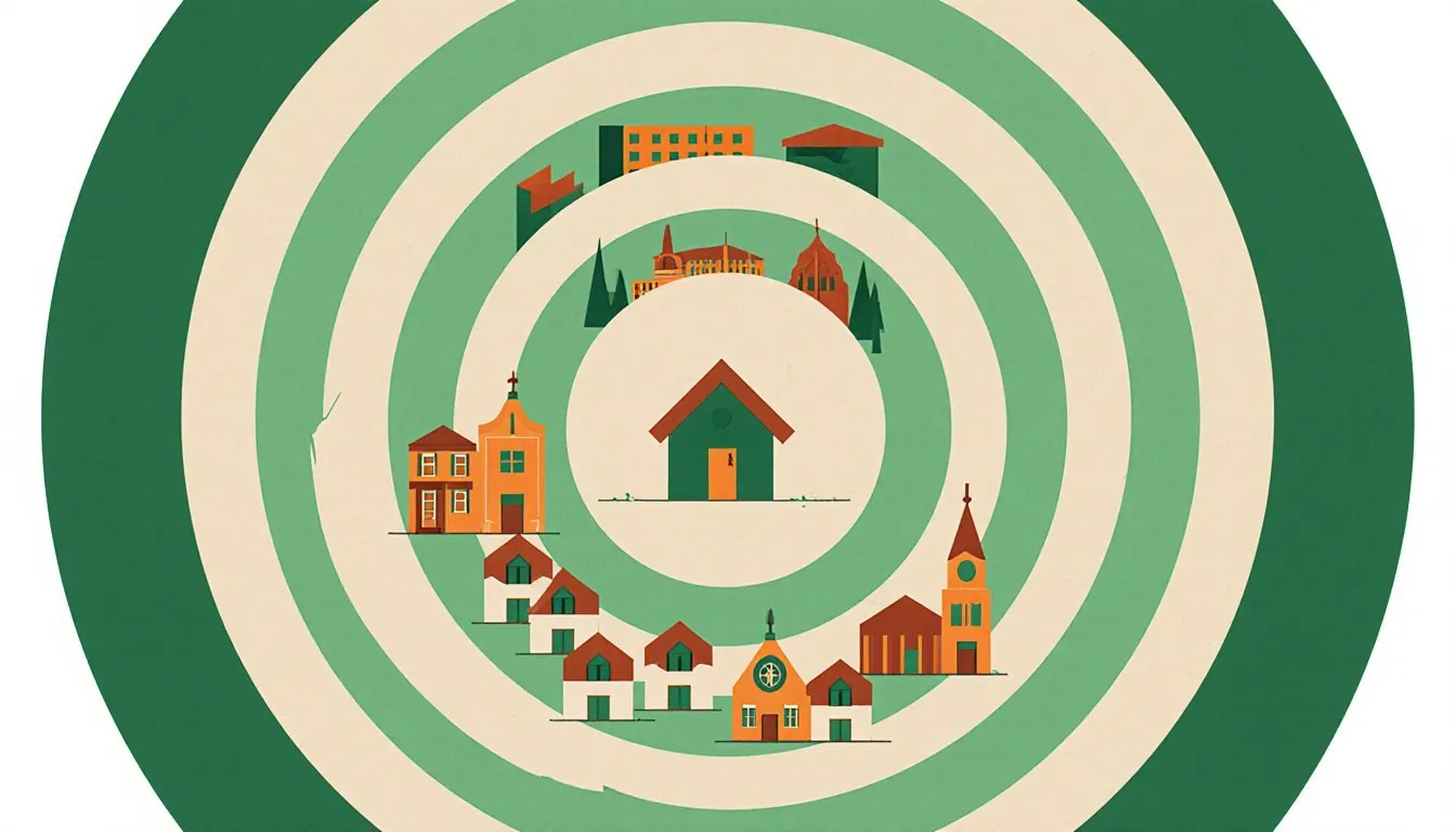 Illustration of a house at the center of concentric rings holding neighborhoods and institutions
