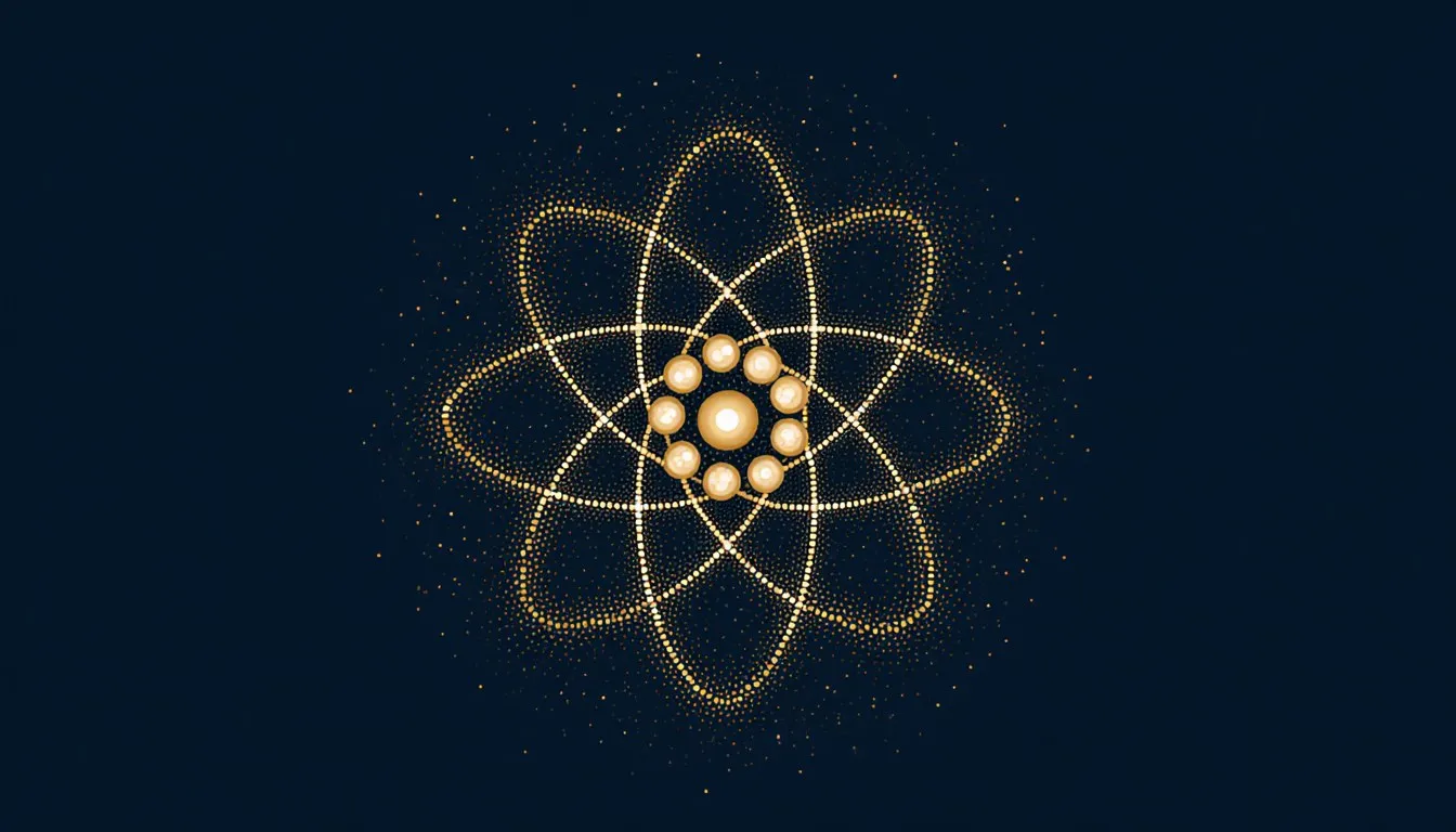 An atom with a dense nucleus surrounded by a diffuse cloud of scattered dots representing the electron cloud model