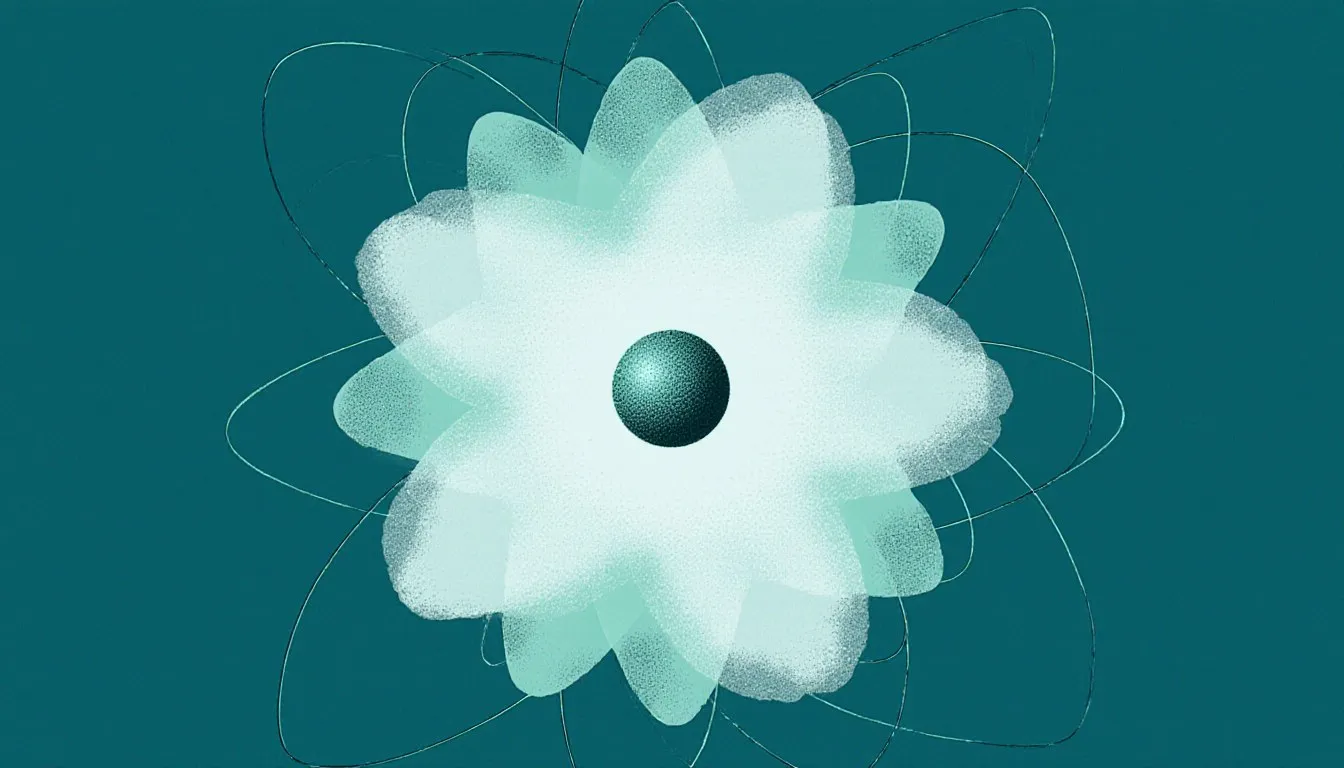 Illustration of an atom with a dense nucleus surrounded by a soft, uneven cloud representing an electron's probability field