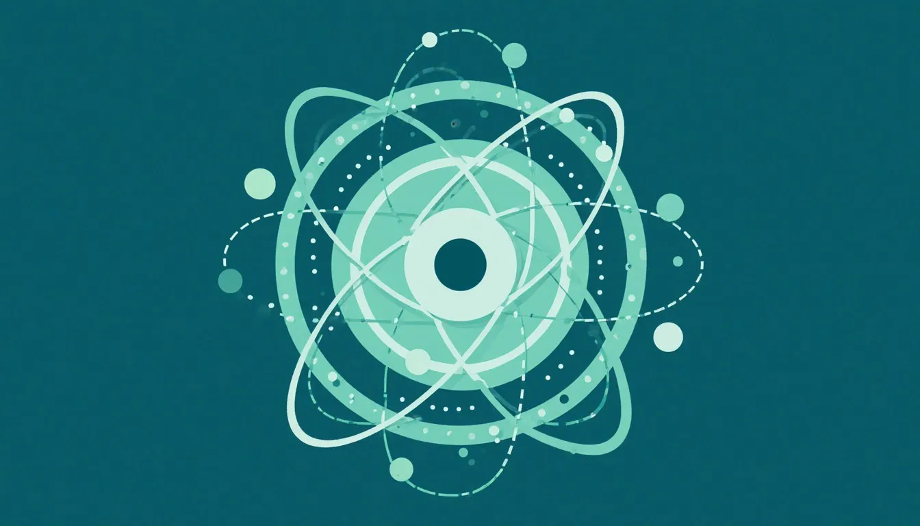 Stylized atom illustration with electrons orbiting a nucleus on a deep teal ground