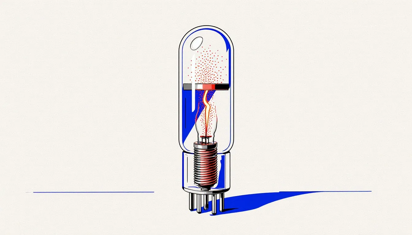 A glowing vacuum tube with electrons arcing from its heated filament to a metal plate
