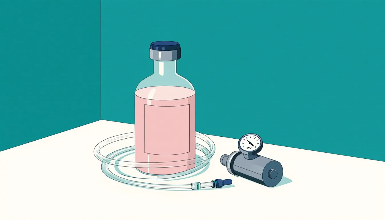 A bottle of embalming fluid beside tubing and an injection pump, mortuary preparation equipment