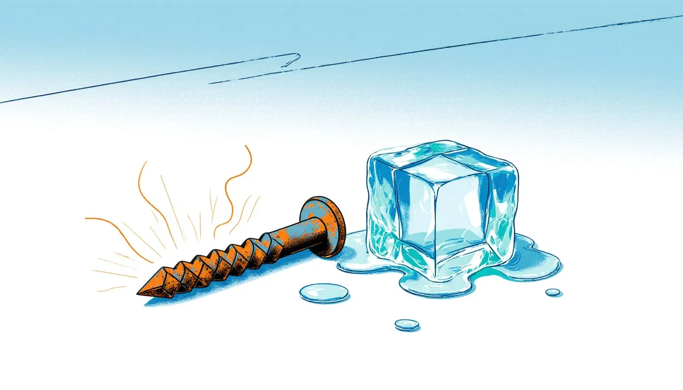 A rusting iron nail radiating heat beside a melting ice cube absorbing heat, illustrating exothermic and endothermic
