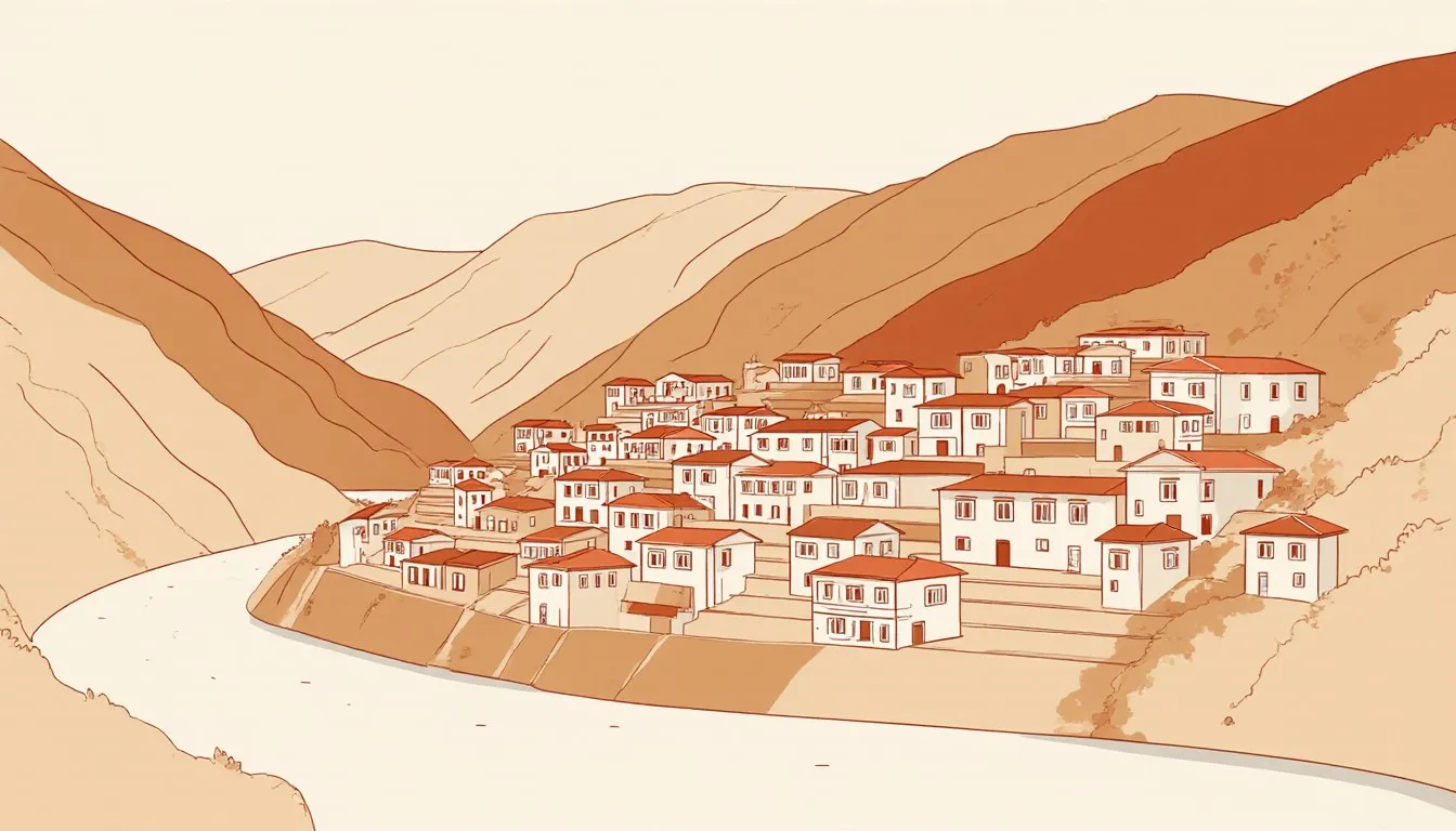 A terraced village built into a river valley, its streets and houses following the contours of the surrounding mountains