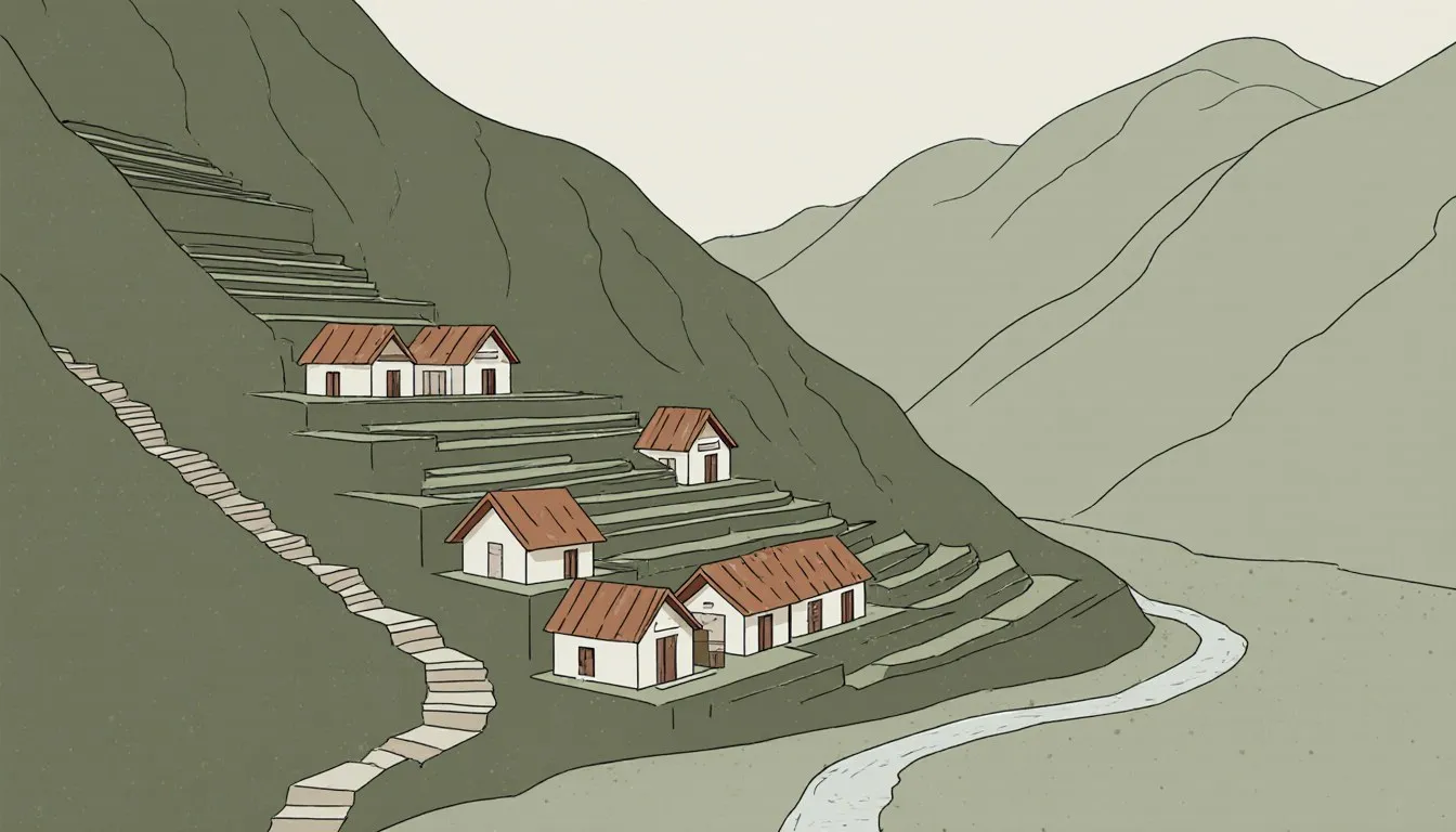 Terraced houses and fields built into a steep river valley between mountains, shaped by the surrounding terrain