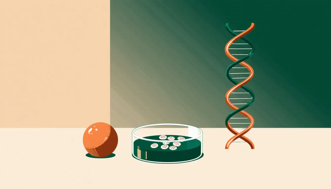 A petri dish with a cluster of embryonic cells beside a coiled DNA double helix, symbolizing the biology of cloning