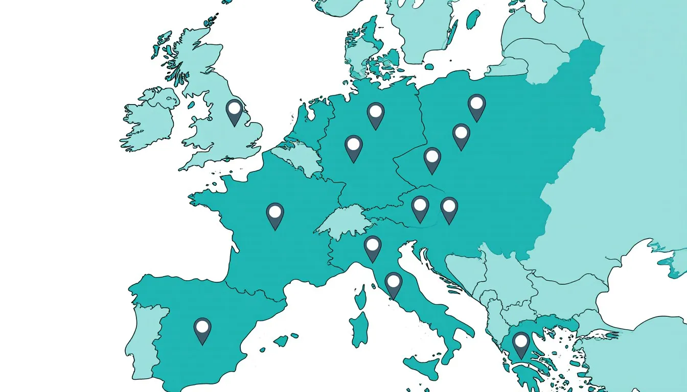 Stylized map of Europe dotted with location-pin markers showing where each capital city sits