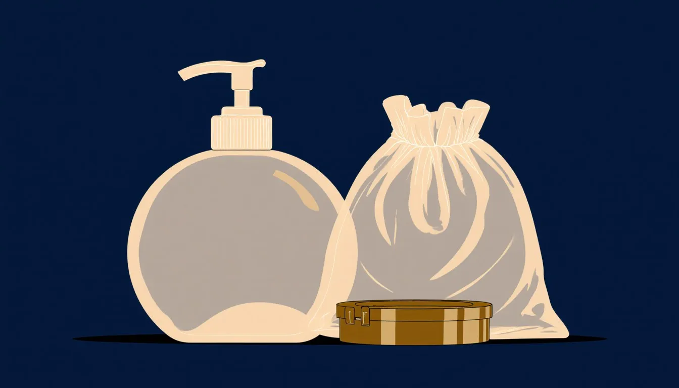 Illustration of everyday LDPE plastic items: a squeeze bottle, a soft plastic bag, and a container lid grouped together