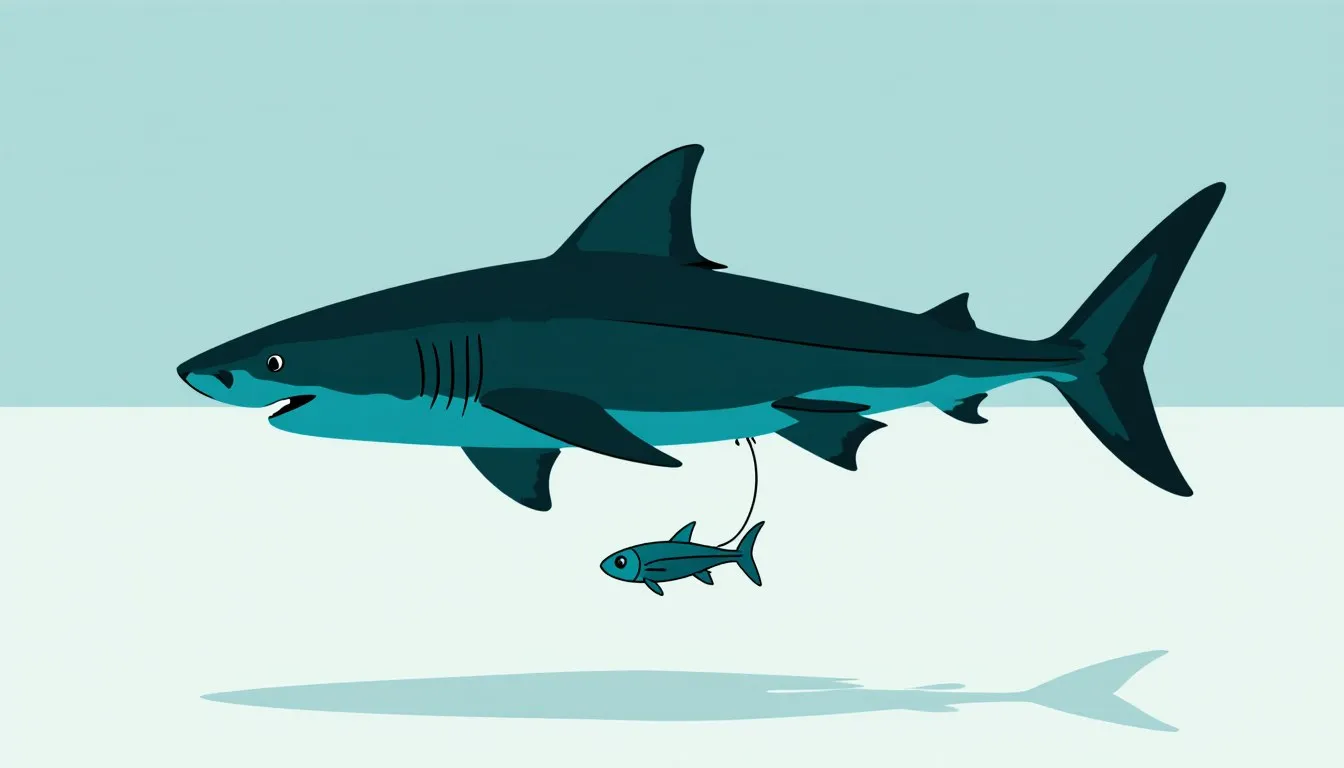 A small remora fish attached beneath a gliding shark, illustrating the commensal bond between the two sea creatures