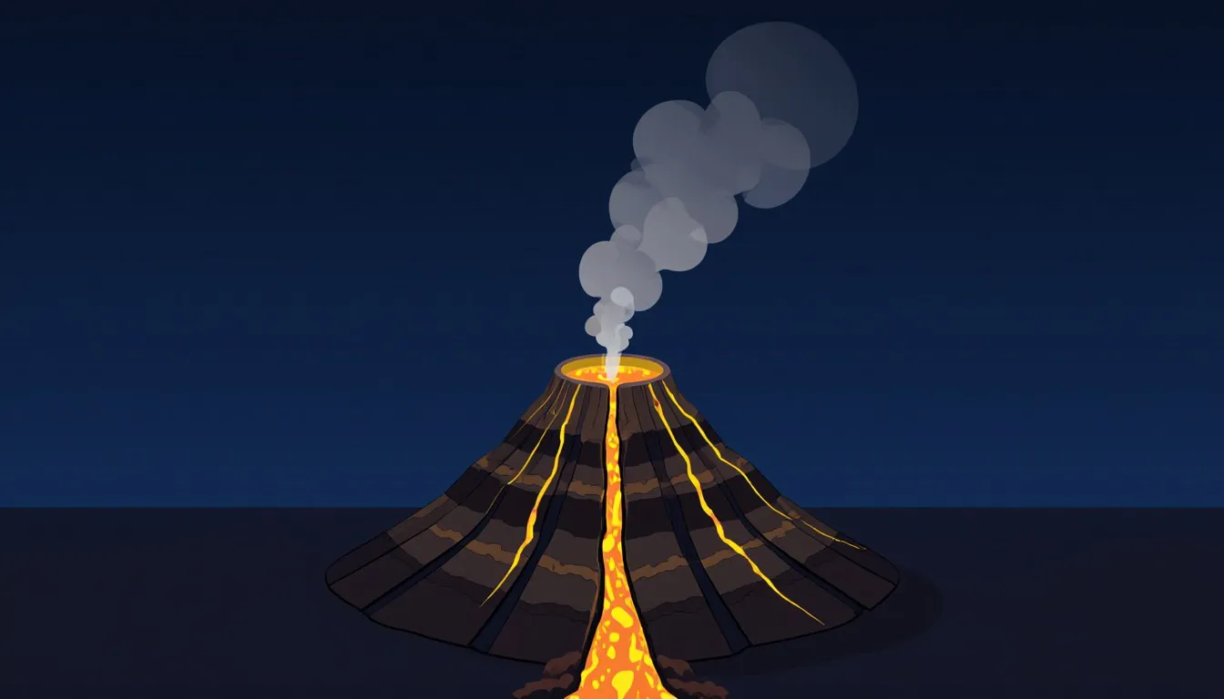 Illustration of an erupting volcano with lava flowing down and hardening into new rock at its base