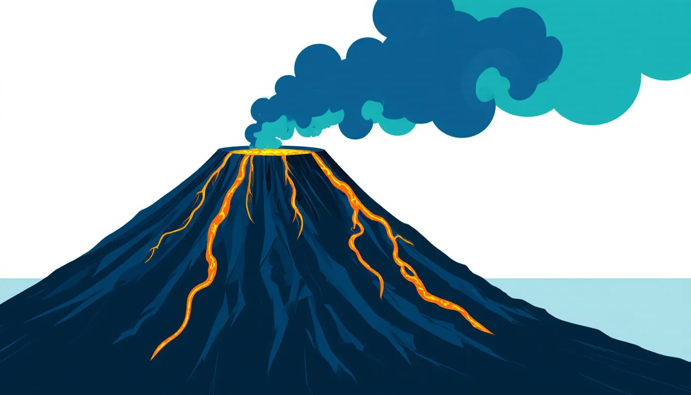 Illustration of an erupting volcano with lava flowing down its slopes and ash rising from the crater