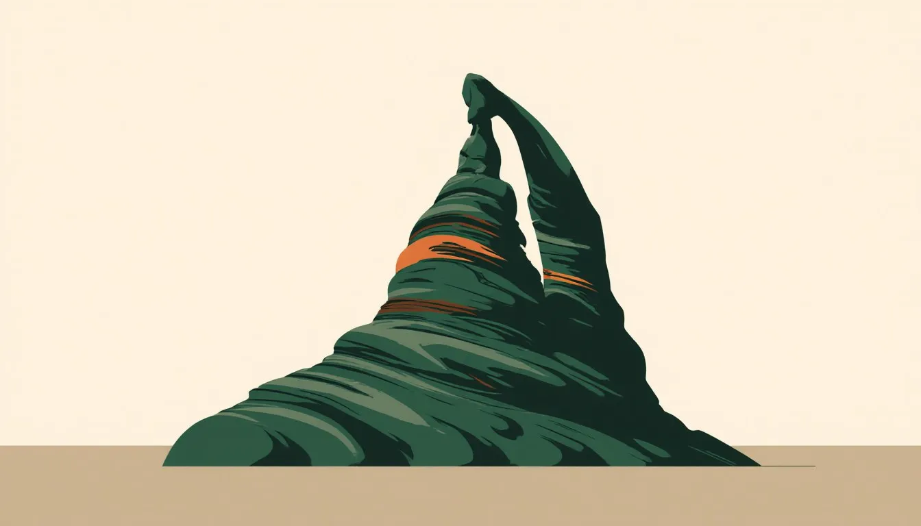 A tall rock formation carved smooth by water at its base and worn into a thin arch by wind near its top