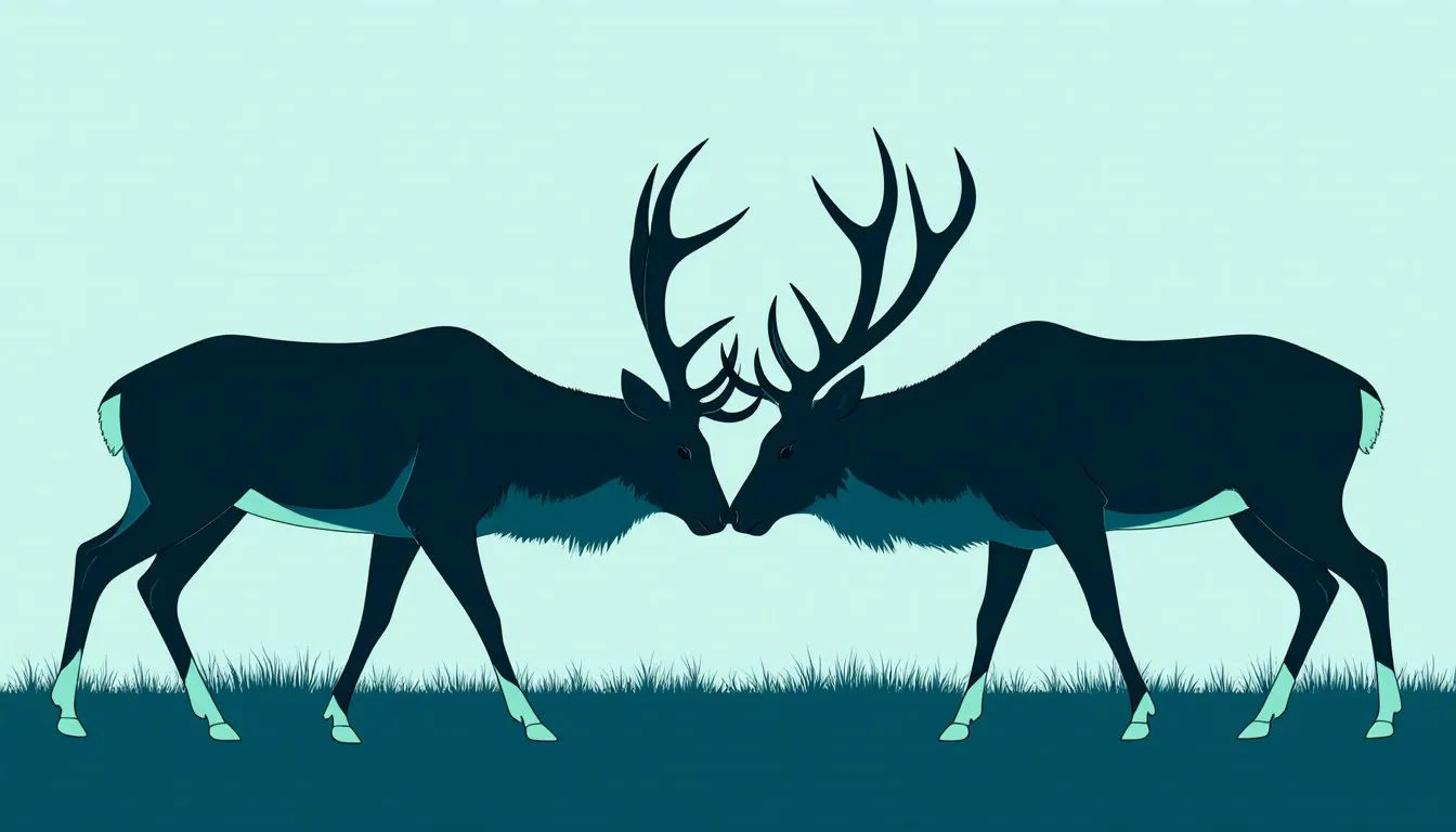 Two stags with antlers locked in a contest, illustrating intraspecific competition for a shared resource