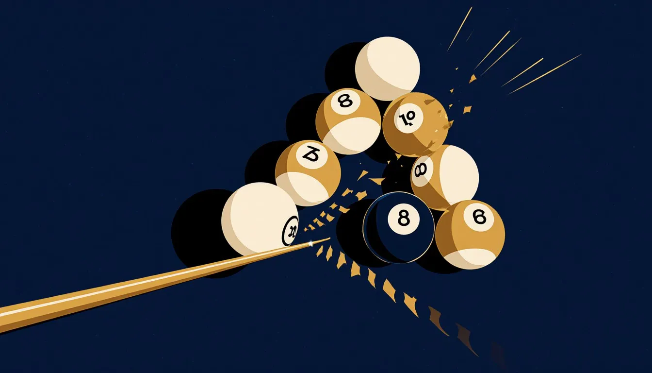 A cue ball striking a rack of billiard balls on a pool table, illustrating kinetic energy transfer