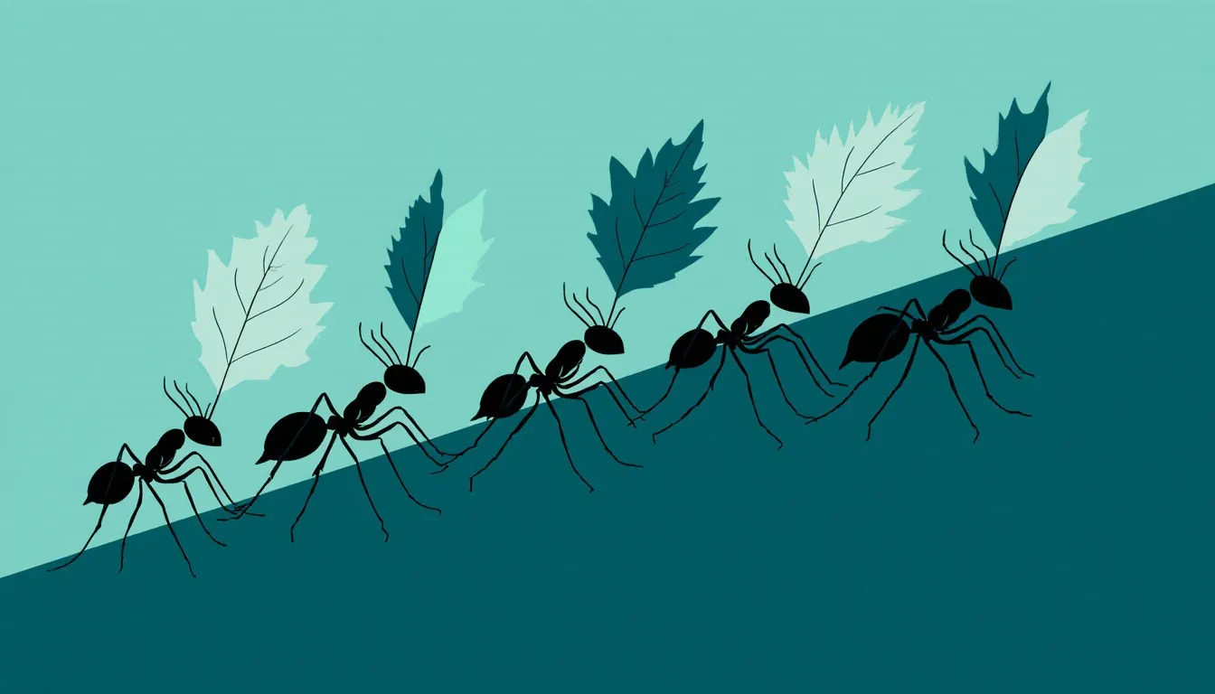 Leaf-cutter ants carrying large leaf fragments in a line, illustrating primary consumers in the food chain