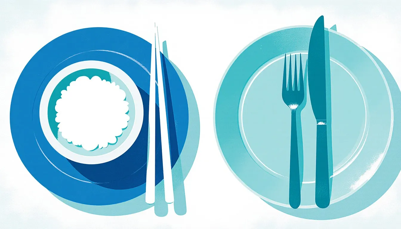 Chopsticks and a rice bowl beside a fork, knife, and plate, illustrating differing dining customs across cultures.