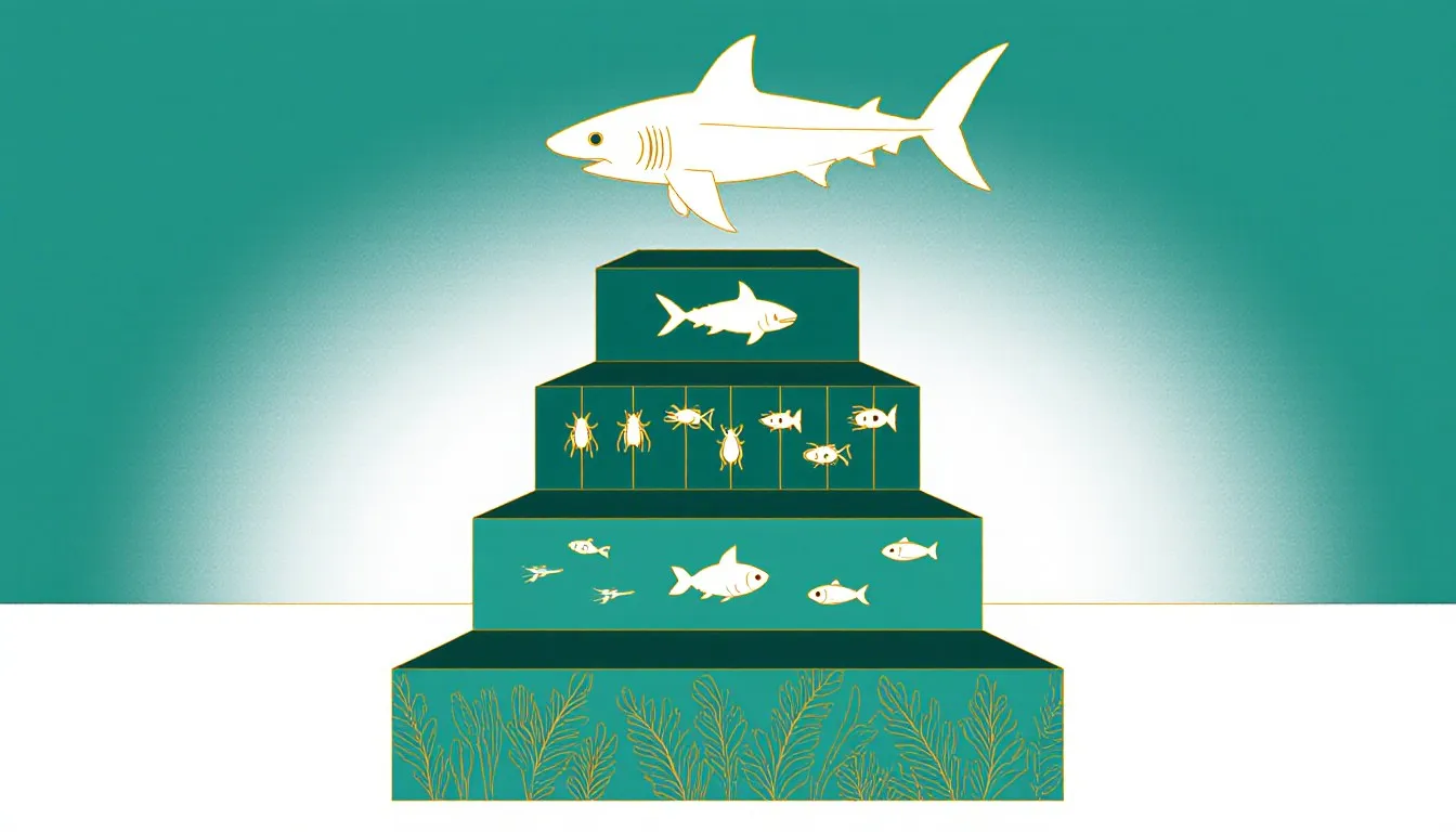 Illustrated trophic pyramid with a shark silhouette at the top, representing a tertiary consumer in a food web