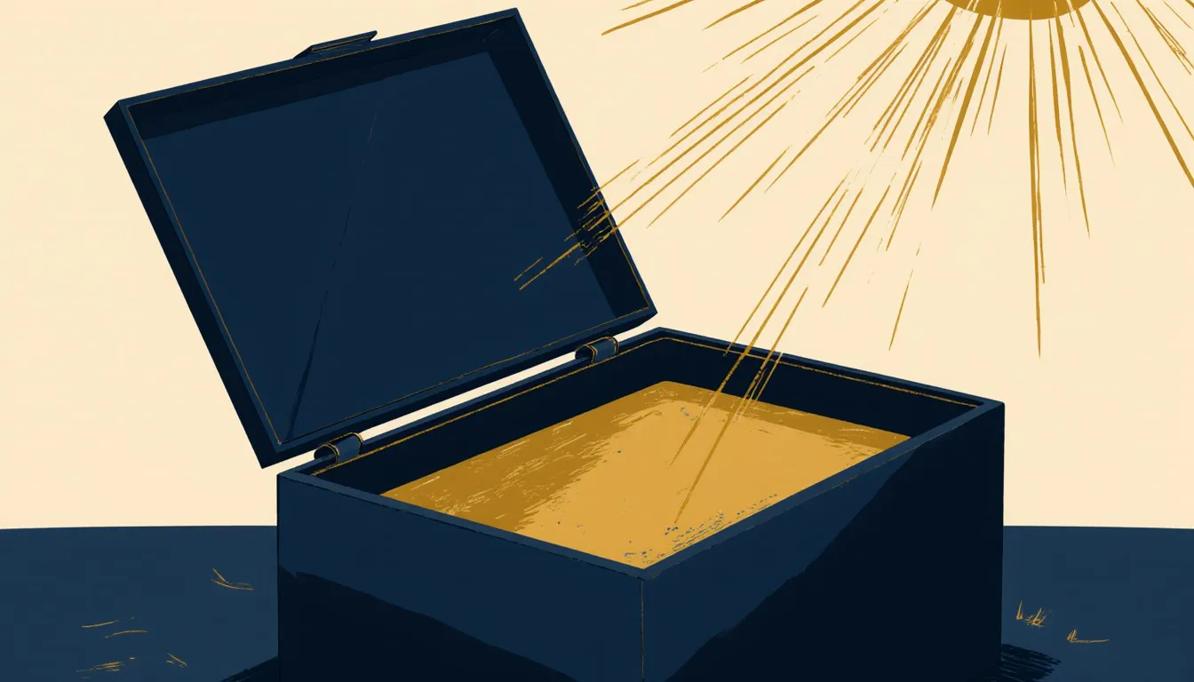 A box-shaped solar cooker with a tilted mirror panel directing sunlight into its dark interior for cooking.