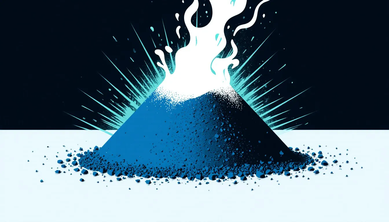 A mound of thermite mid-reaction, glowing white-hot with molten metal pouring out and sparks radiating outward