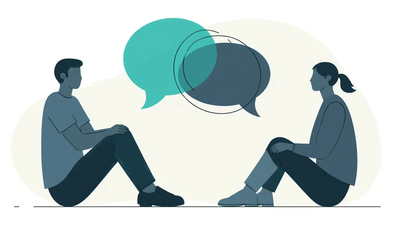 Two silhouetted figures in casual conversation with overlapping speech-bubble shapes, one circled as if singled out for study