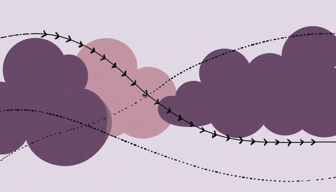 Stylized occluded front symbol, a curved line with alternating triangles and semicircles, where two cloud masses meet.