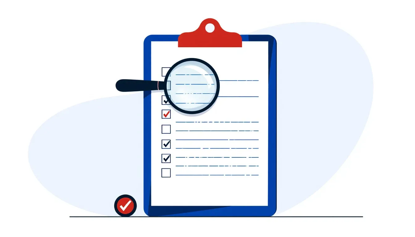 A magnifying glass glances over only the heading of a survey form on a clipboard, next to a checkmark stamp
