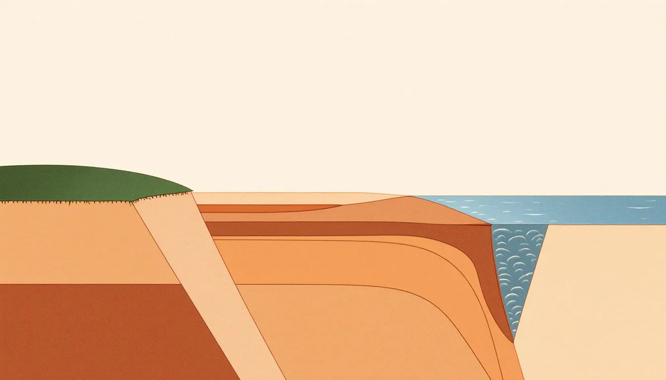 Cross-section illustration of a coastline showing the shallow continental shelf dropping off into the deep ocean