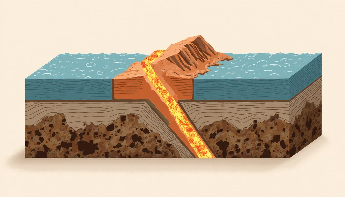 Cross-section illustration of a divergent plate boundary showing tectonic plates pulling apart and magma forming a mid-ocean