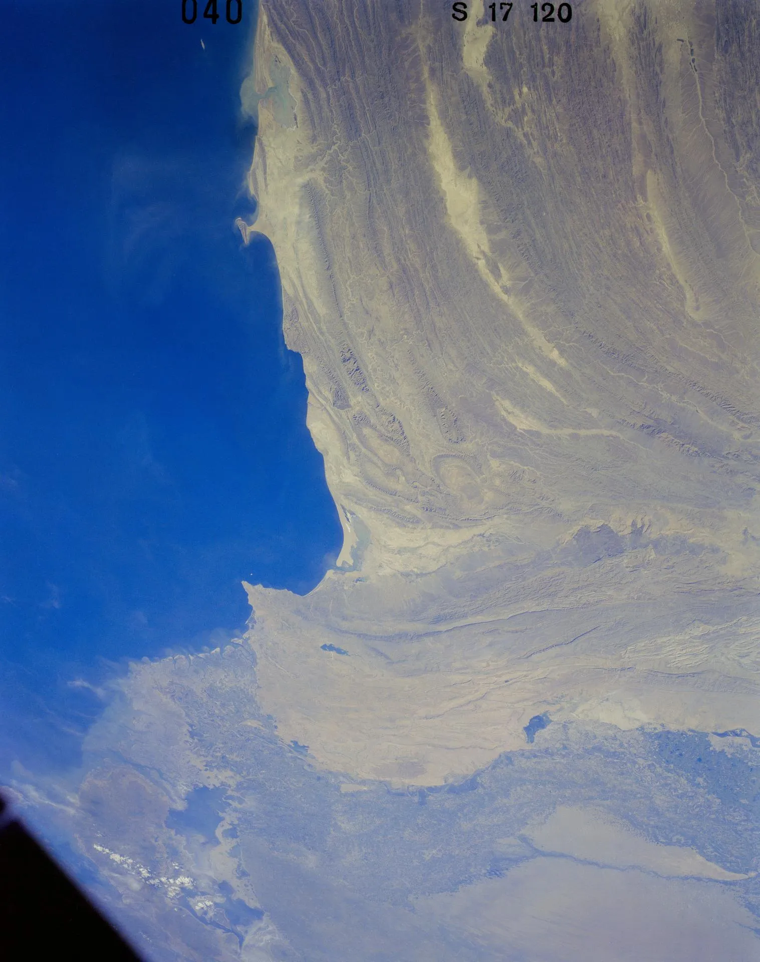 Indus River delta meeting the Arabian Sea, photographed from orbit
