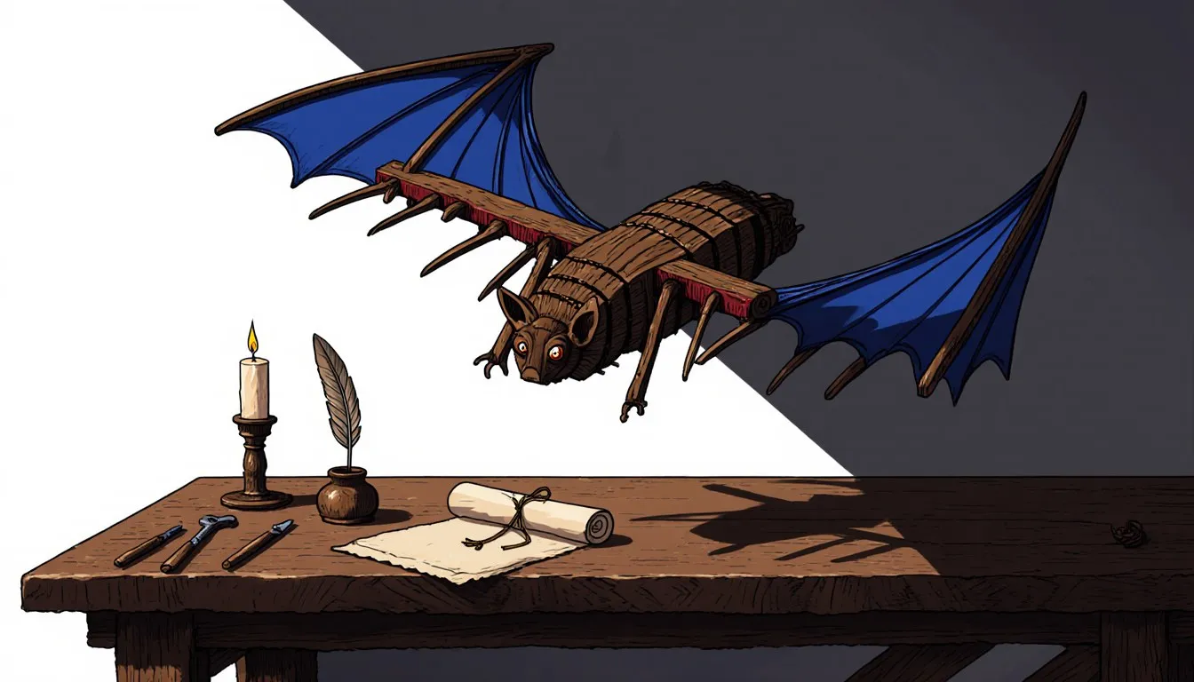 Wooden Renaissance ornithopter with bat-like wings on a candlelit workbench beside a quill, inkpot, and parchment