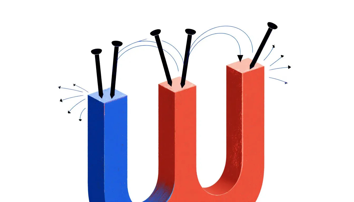 Illustration of a horseshoe magnet with iron nails clinging to its poles and curved field lines arcing between them