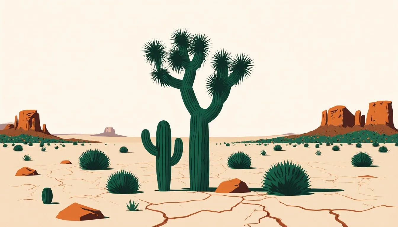 A Joshua tree rises among rocky mesas, creosote bushes, and a barrel cactus across the open Mojave Desert
