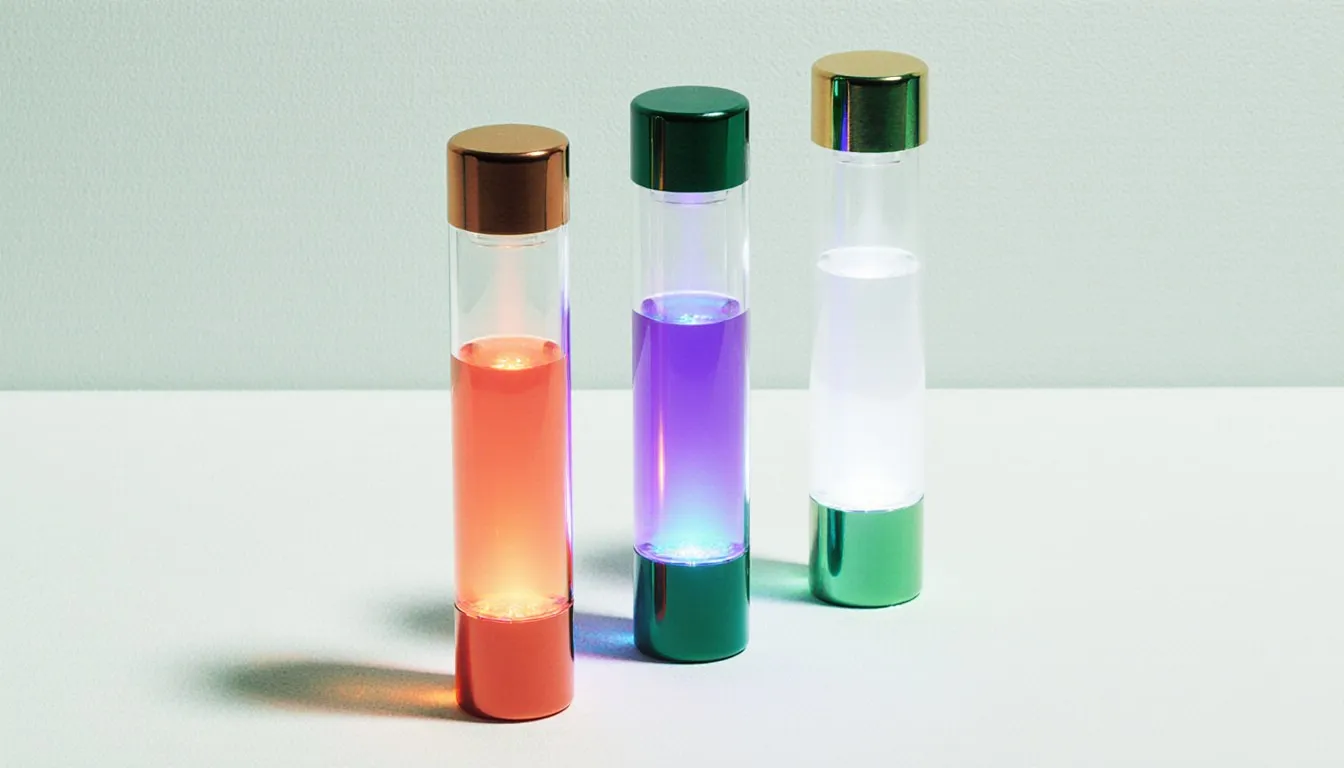 Three sealed glass tubes glowing in different colors, illustrating the noble gases used in lighting