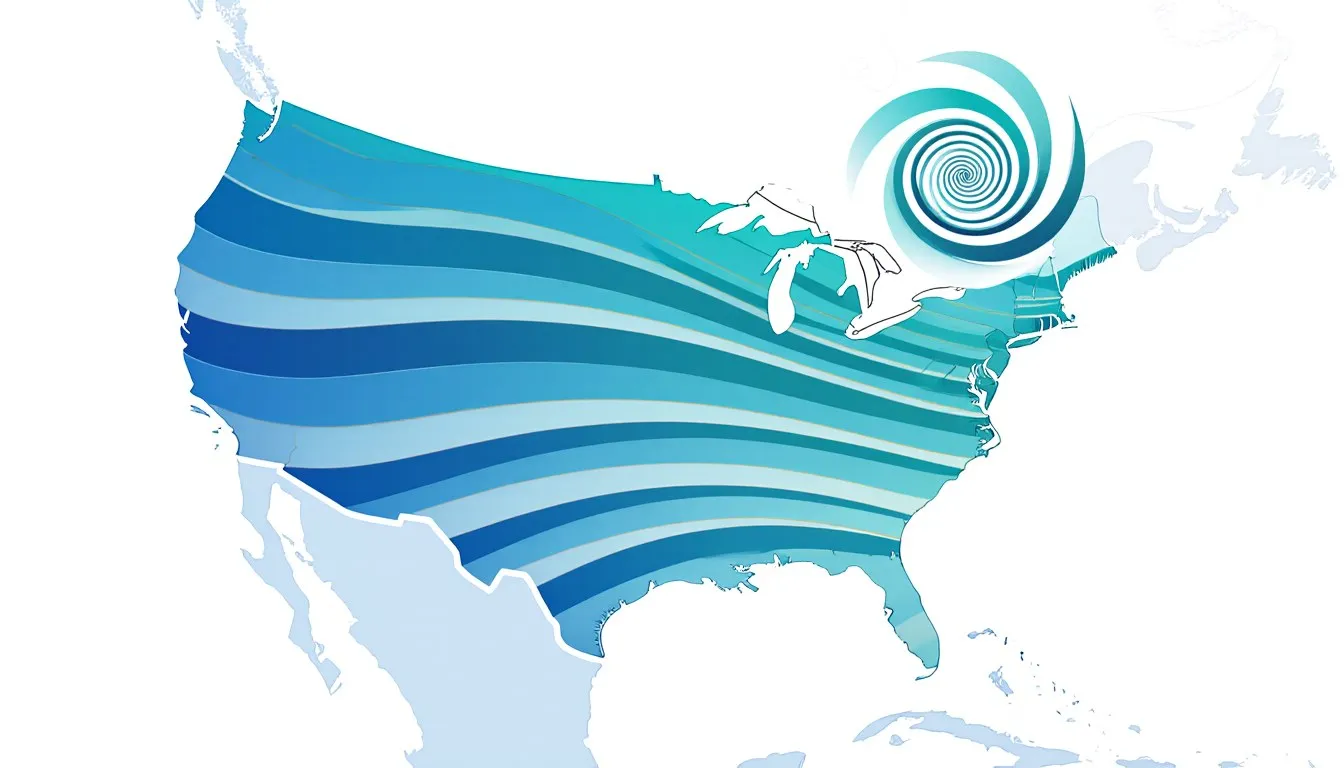 Graphic illustration of wind currents flowing west to east across a silhouette of North America, with a spiraling