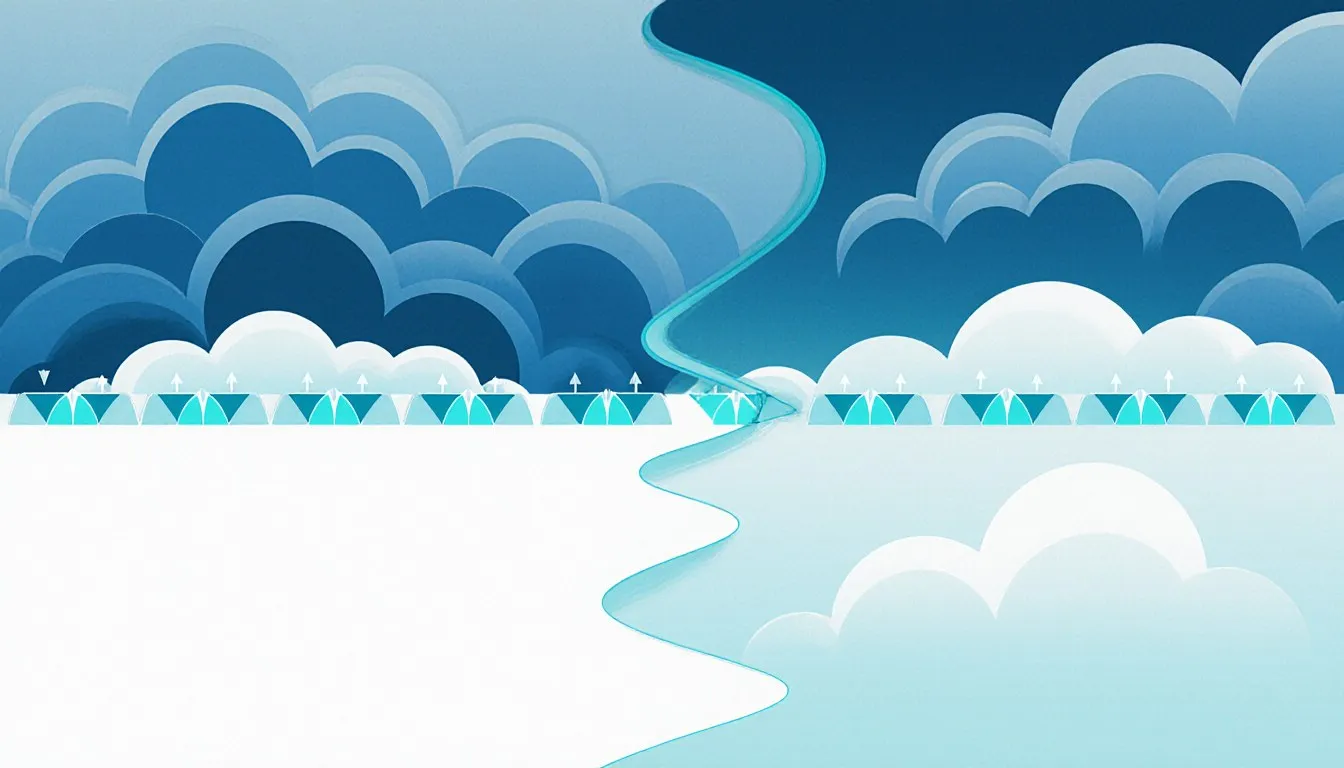 Illustration of a stationary front: a wavy boundary line with alternating triangles and half-circles dividing two
