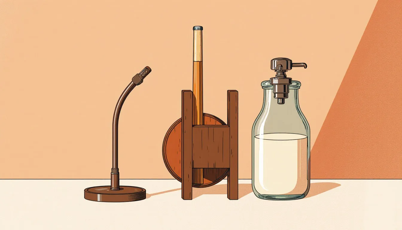 Still life of a vintage car turn signal, a billiard cue rack, and a milk bottle opener representing historic inventions