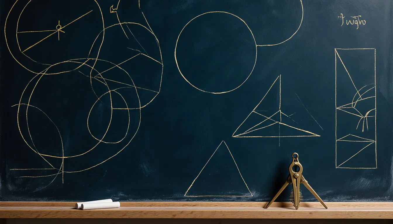 A chalkboard covered in geometric diagrams with a brass compass and chalk resting below, symbolizing mathematical