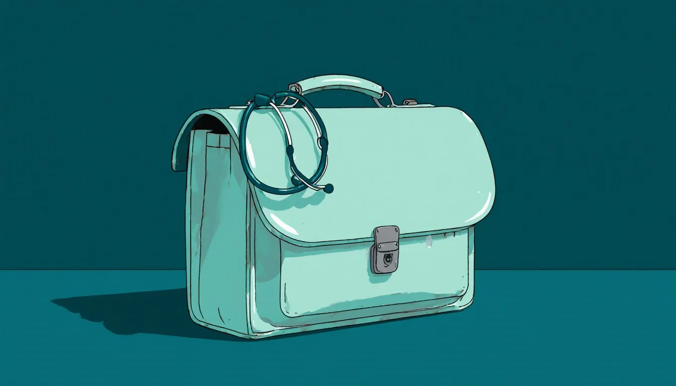 A classic leather doctor's bag with a stethoscope draped over it, symbolizing famous American physicians.